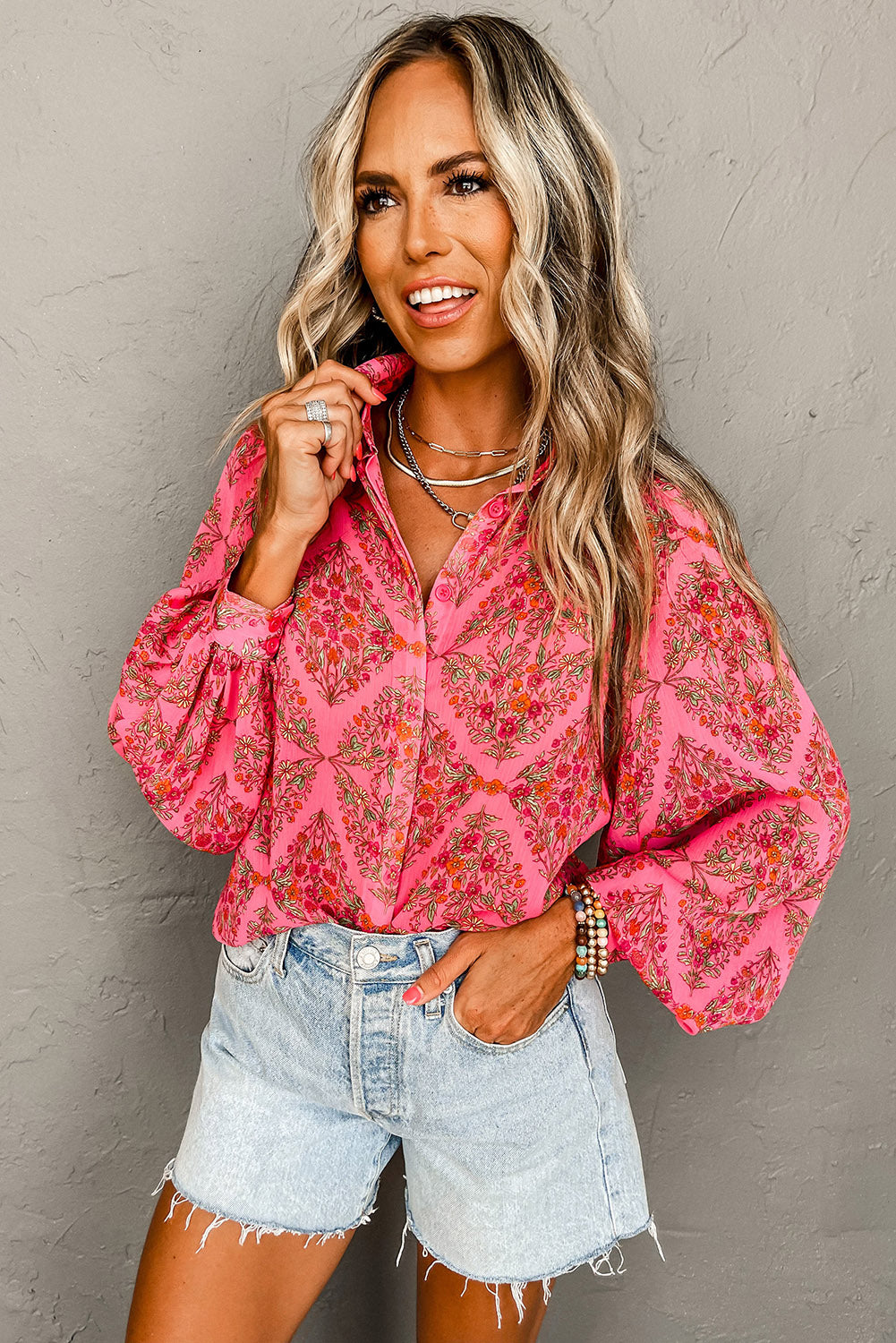 Strawberry Pink Floral Print Collared Button Up Puff Sleeve Shirt  Shop One Place