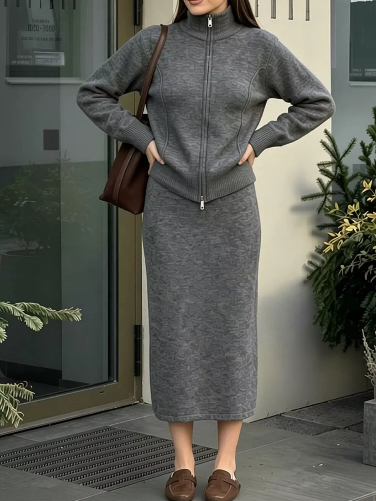 Zip-Up Mock Neck Cardigan and Matching Midi Skirt Sweater Set  Shop One Place