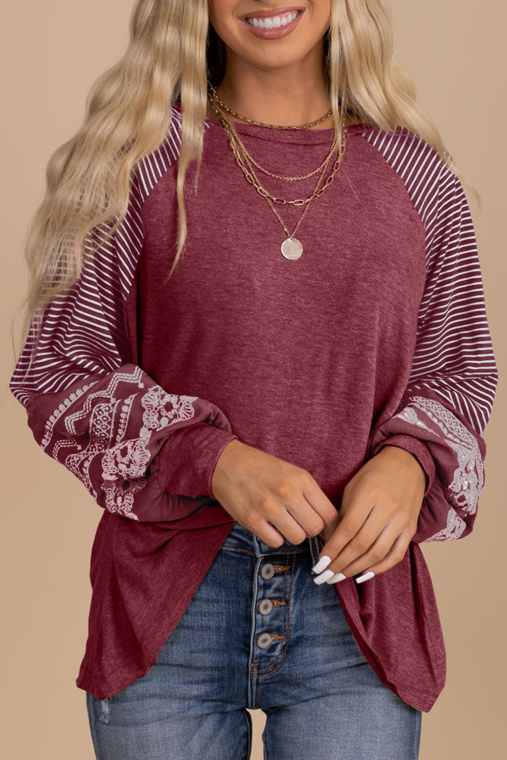 Contrast Print Striped Raglan Long Sleeve Loose Top  Shop One Place