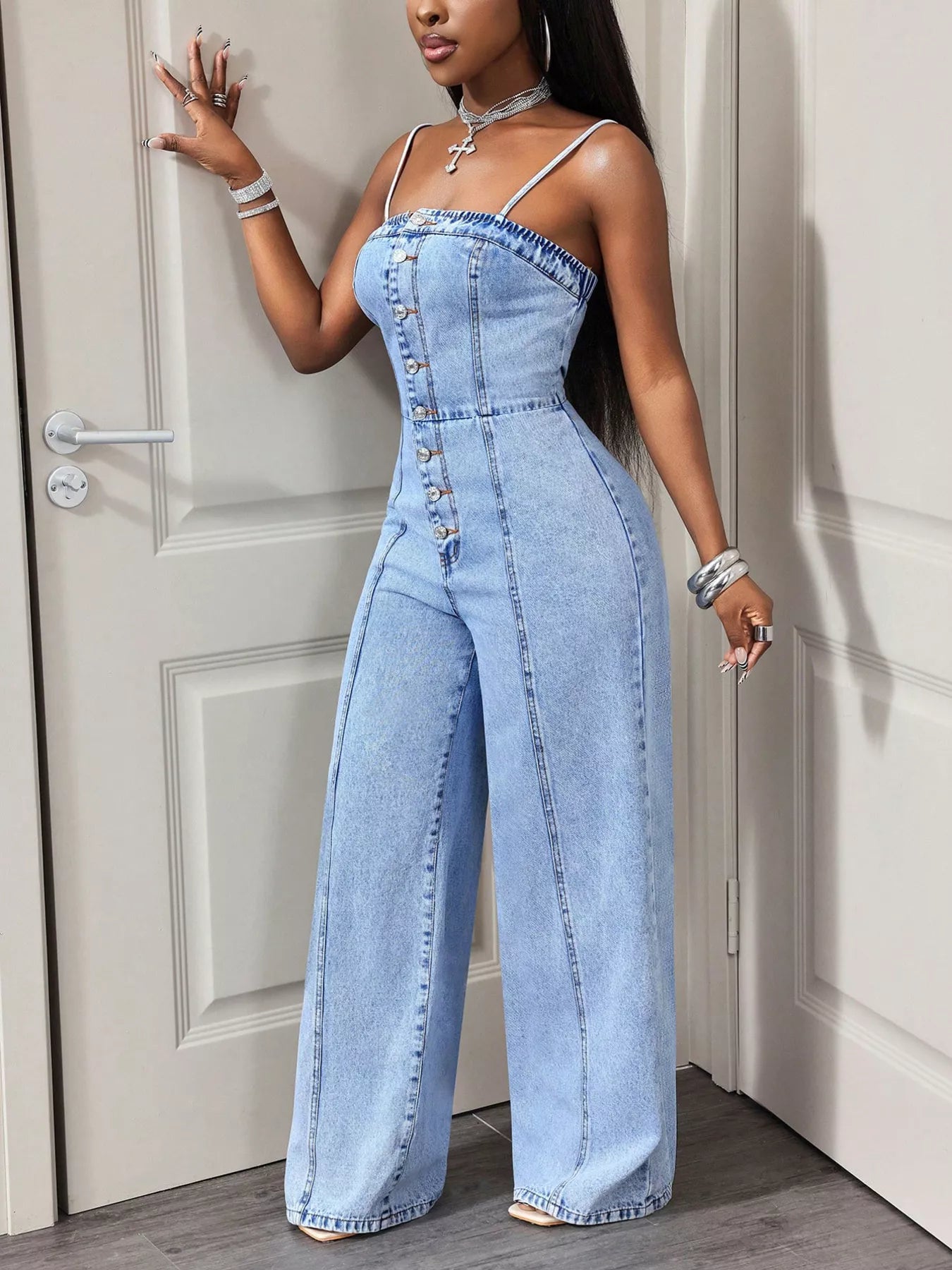 Button-Down Wide Leg Denim Jumpsuit  Shop One Place