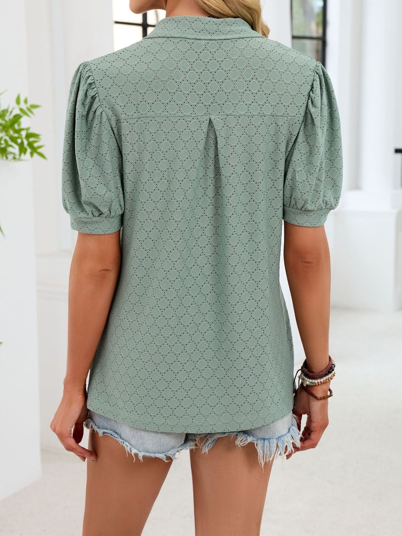 Eyelet Johnny Collar Puff Sleeve Top  Shop One Place