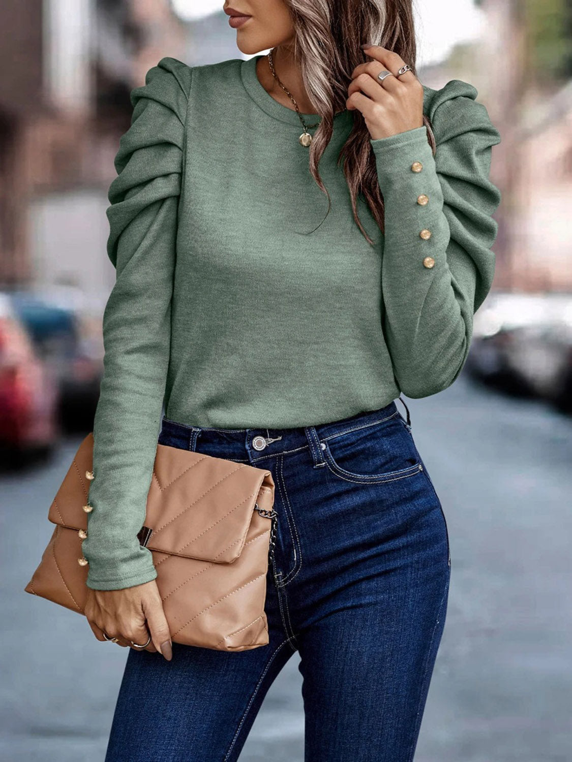 Decorative Button Puff Sleeve T-Shirt  Shop One Place