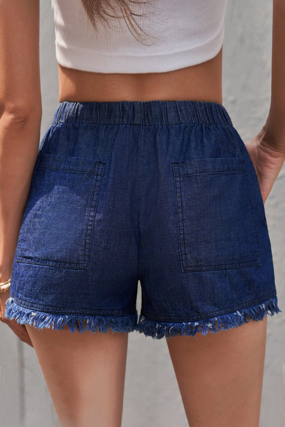 Dark Blue Casual  Frayed Pocketed Denim Shorts