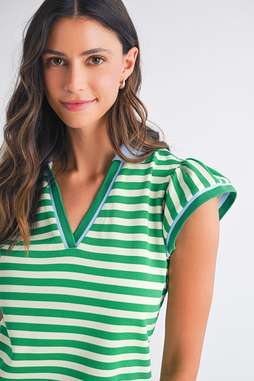 Dark Blue Striped Ruffle Short Sleeve Pop of Color Neckline Dress  Shop One Place