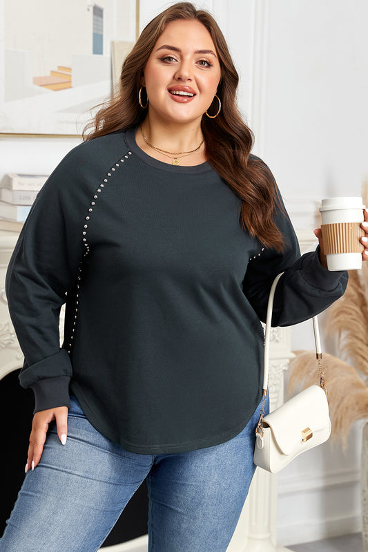 Black Studded Decor Ribbed Edge Mineral Wash Plus Size T-Shirt