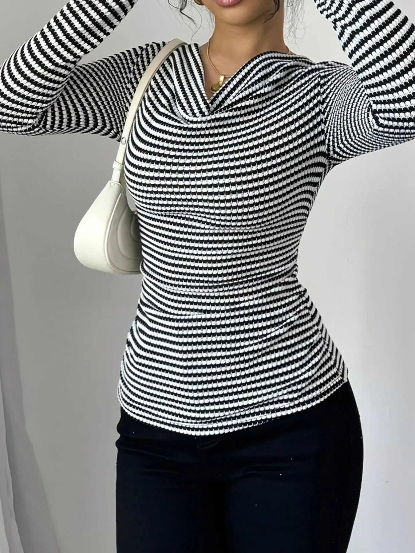 Striped Cowl Neck Long Sleeve T-Shirt  Shop One Place