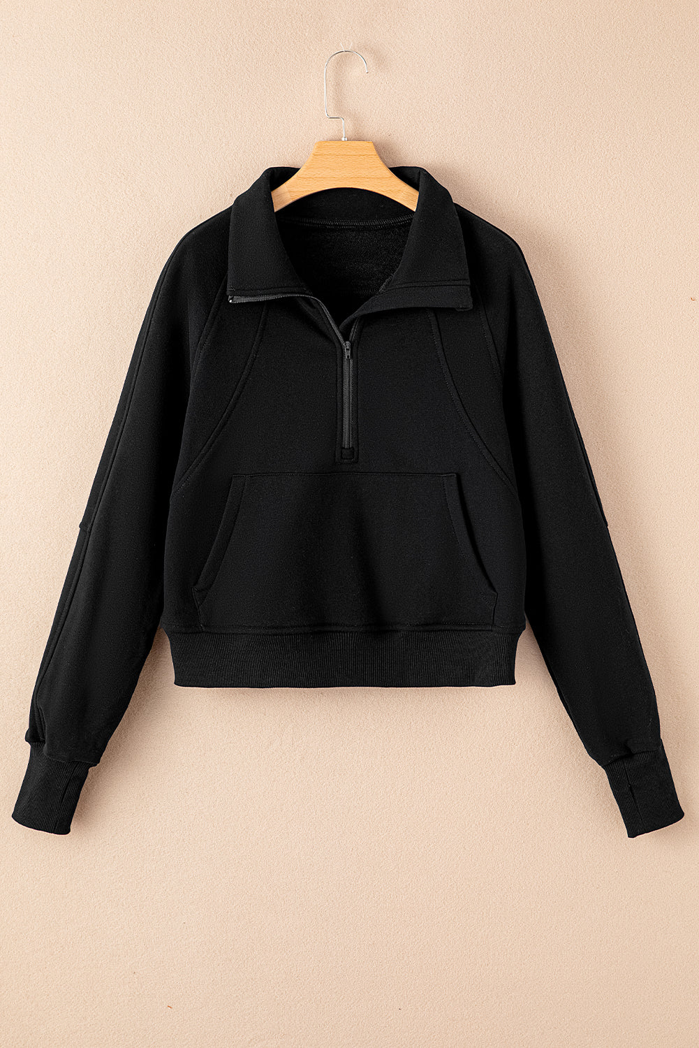 Zip Up Stand Collar Ribbed Thumbhole Sleeve Sweatshirt