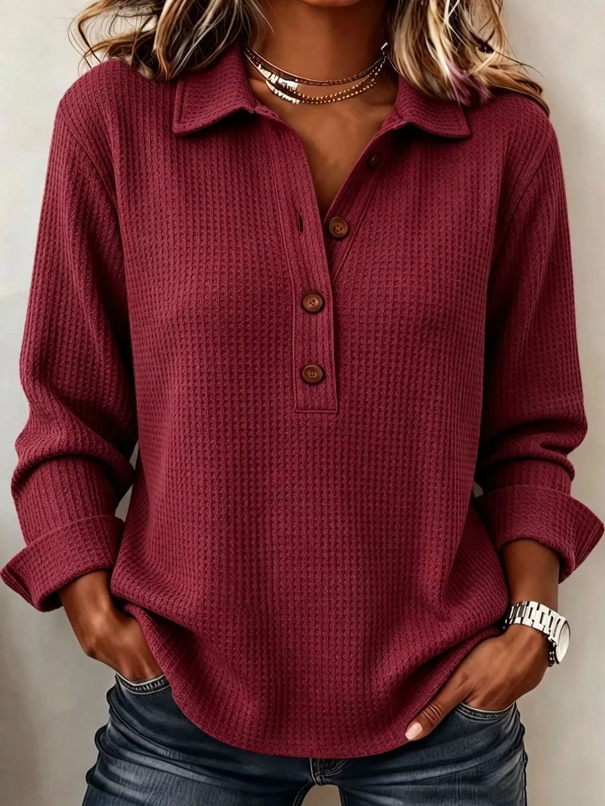 Women's Waffle Knit Long Sleeve Polo Top – view 13