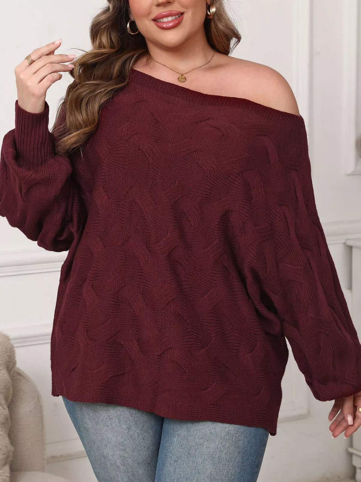 Plus Size Off-Shoulder Long Sleeve Sweater  Shop One Place