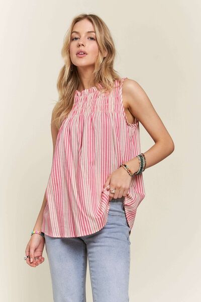 ADORA Contrast Striped Frill Round Neck Sleeveless Top  Shop One Place
