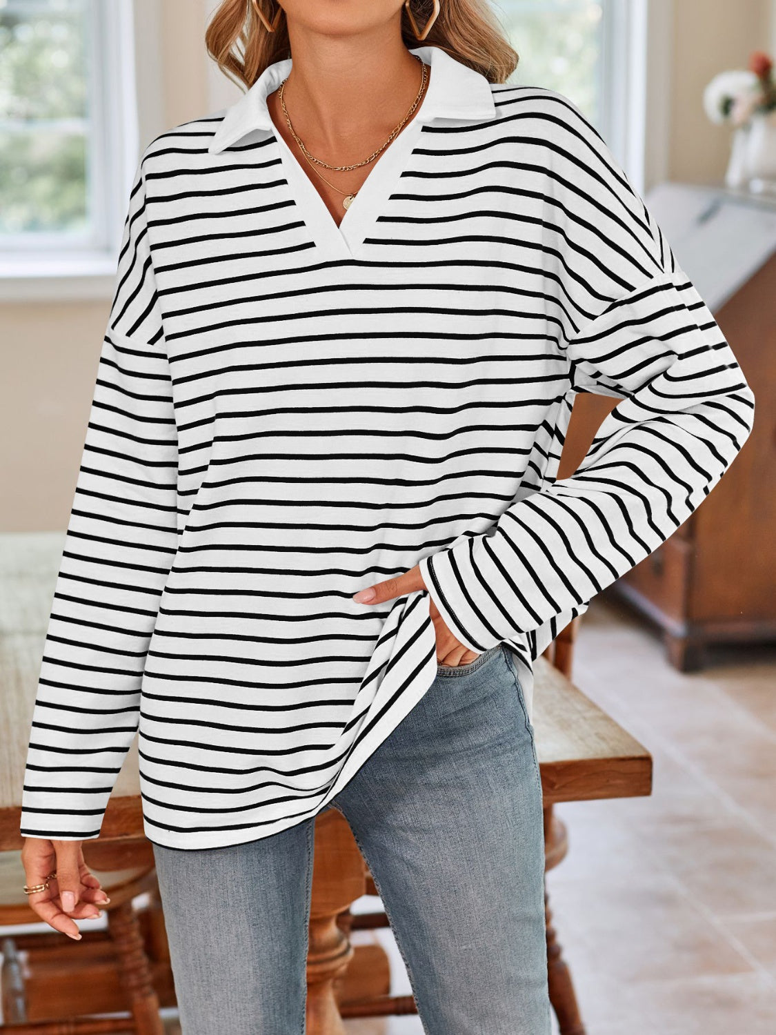 Lovelet Striped Johnny Collar Long Sleeve T-Shirt  Shop One Place