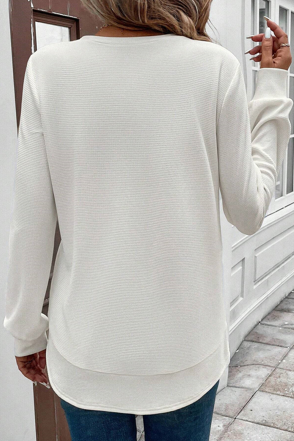 Gossamer Pink Rounded Hem Waffle Plain Long Sleeve Top  Shop One Place
