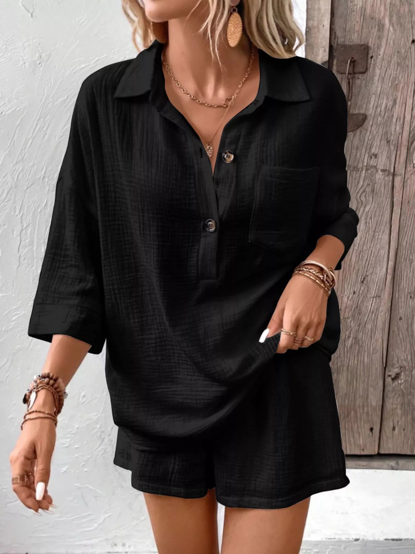 Button Detail Top and Shorts Set  Shop One Place