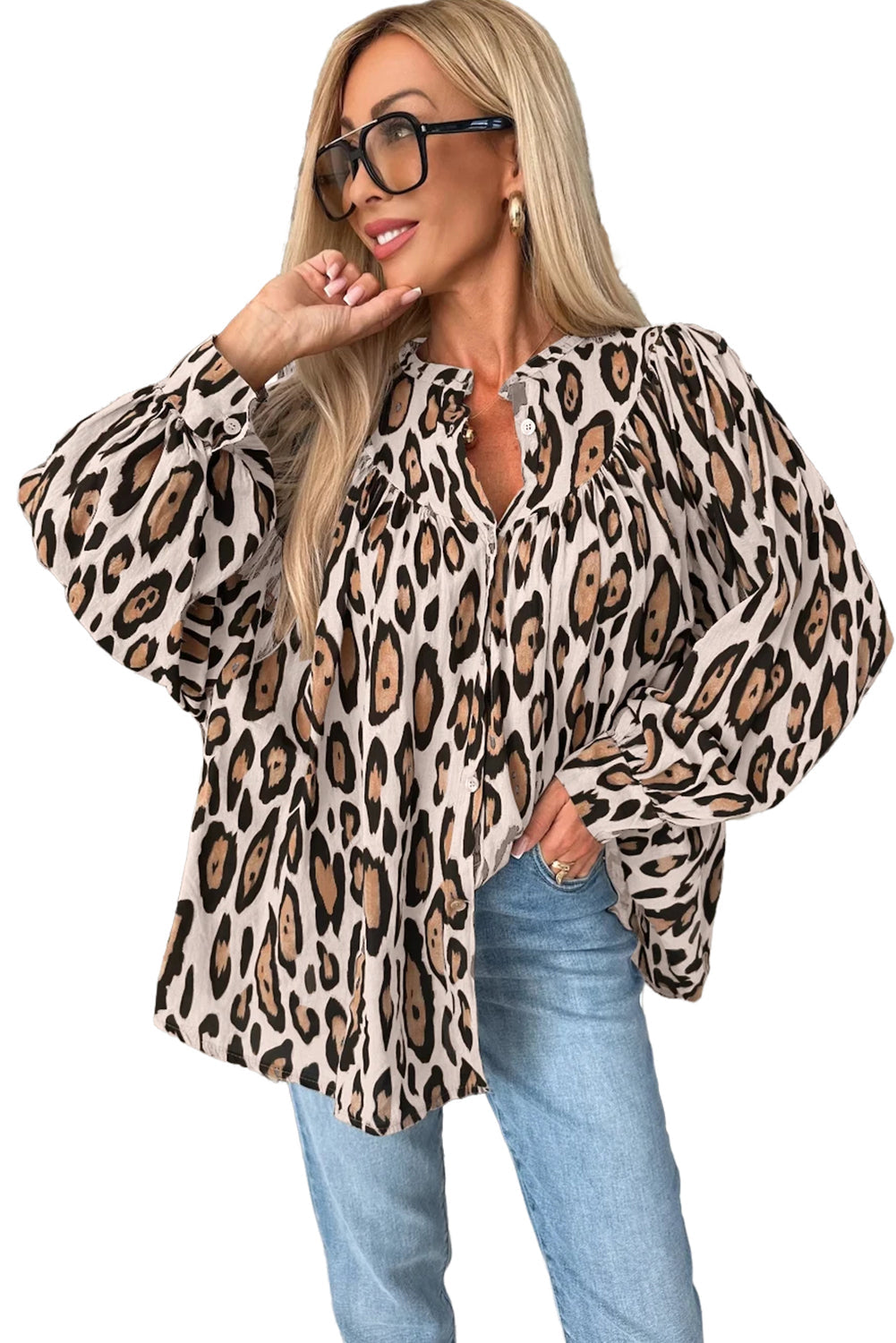 Light French Beige Leopard Print Balloon Sleeve Loose Blouse  Shop One Place