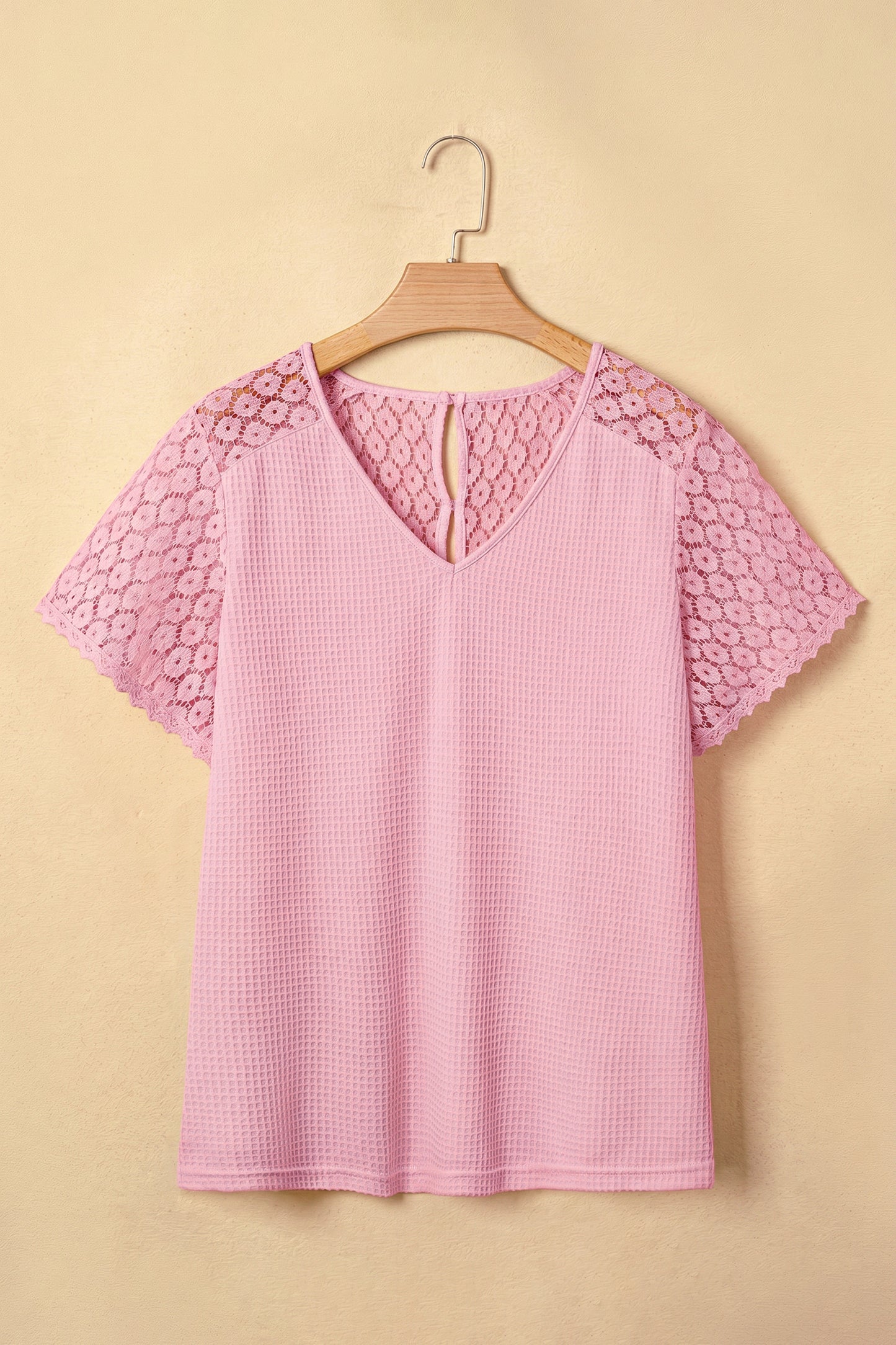 Pink Lace Splicing Button Cutout V Neck Waffle Knit Blouse  Shop One Place