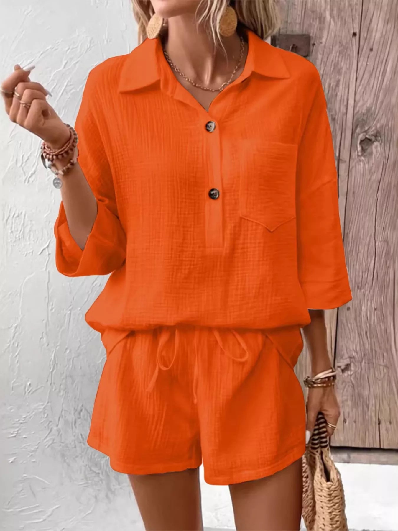 Button Detail Top and Shorts Set  Shop One Place