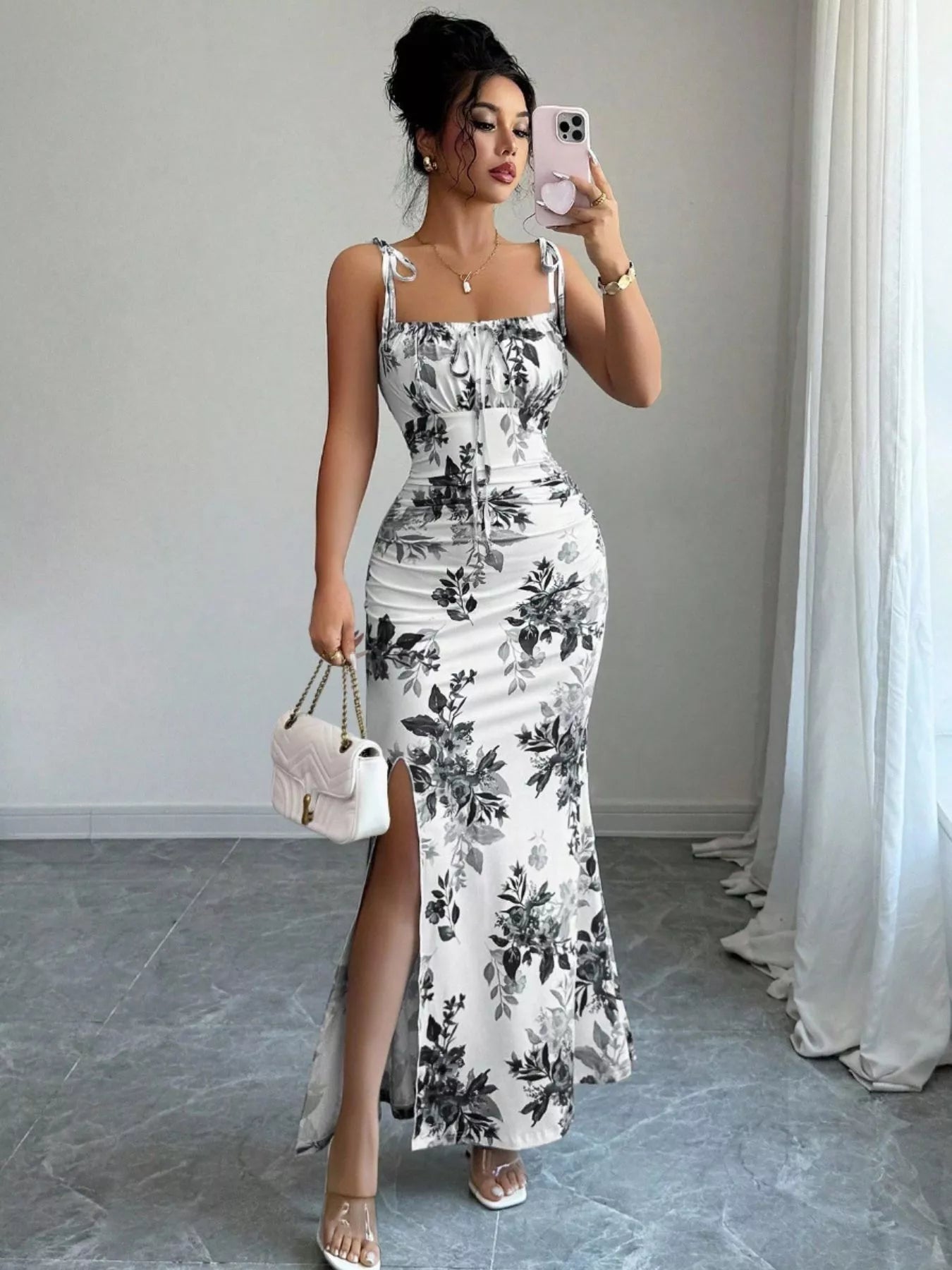 Printed Tie Strap Slit Maxi Dress  Shop One Place