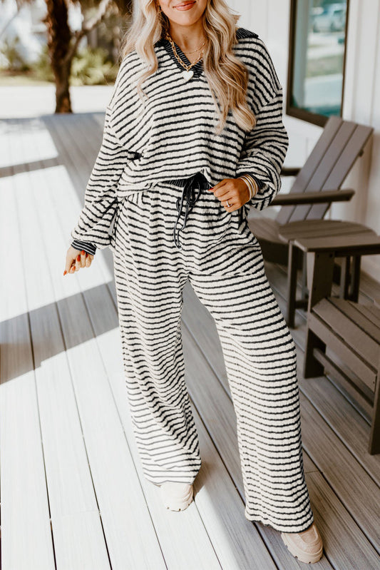 White Stripe Textured Collared Pullover Top and Drawstring Pants Set  Shop One Place