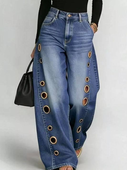 Wide Leg Jeans with Eyelet Details  Shop One Place