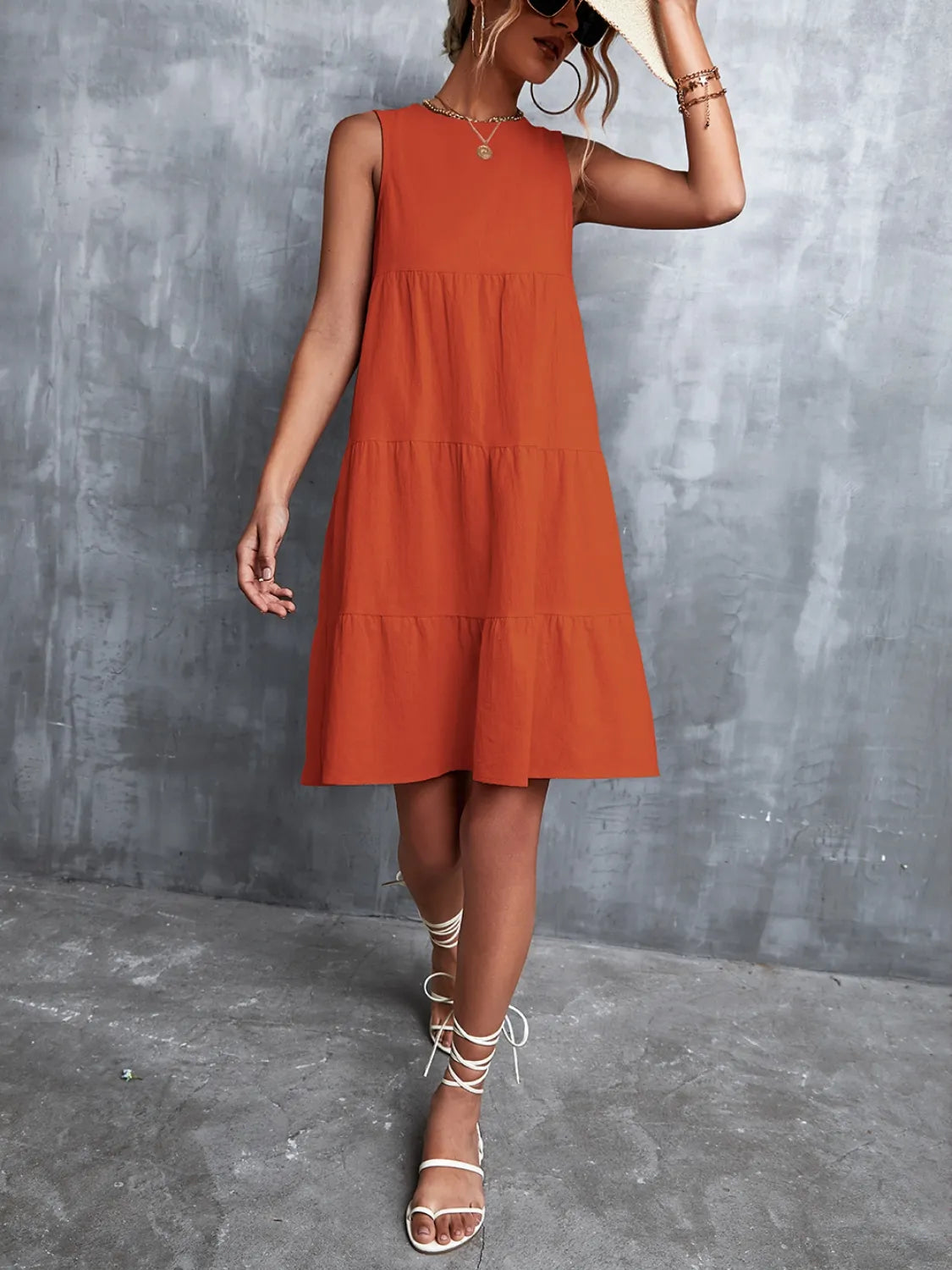 Tiered Round Neck Sleeveless Mini Tank Dress  Shop One Place