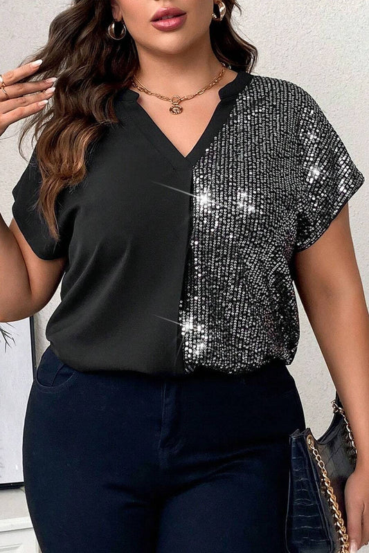 Black Plus Size Sequined V Neck Tee