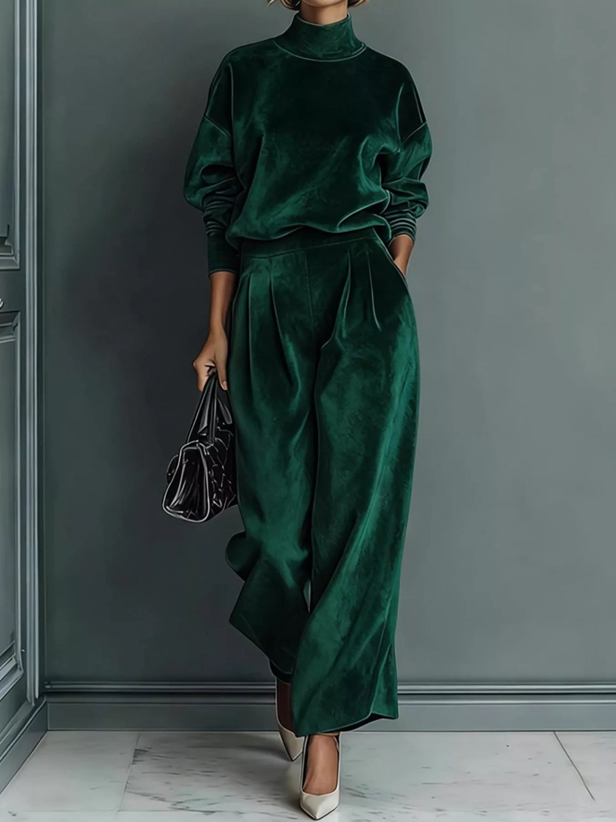 Women's Velvet Mock Neck Top & Wide-Leg Pants Set – view 13