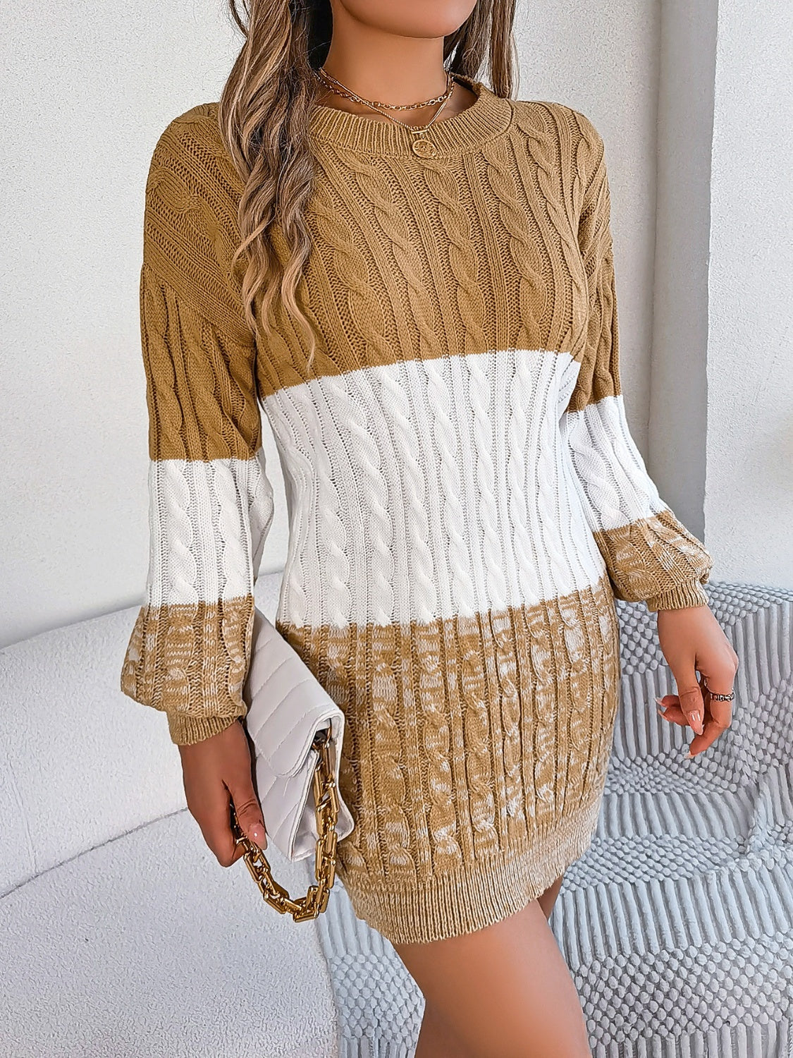 Cable-Knit Round Neck Color Block Sweater Dress  Shop One Place