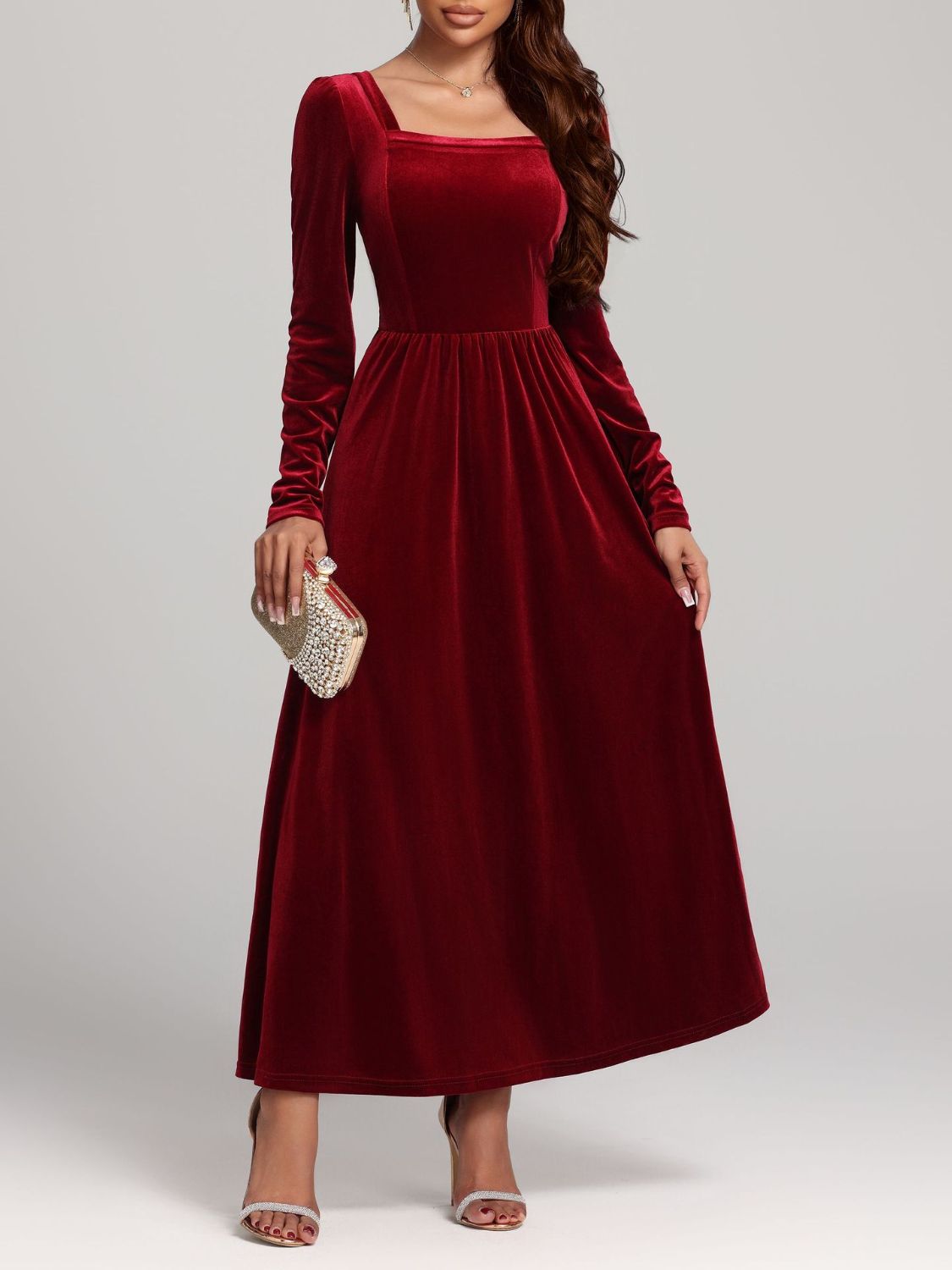Velvet Square Neck Long Sleeve Dress  Shop One Place