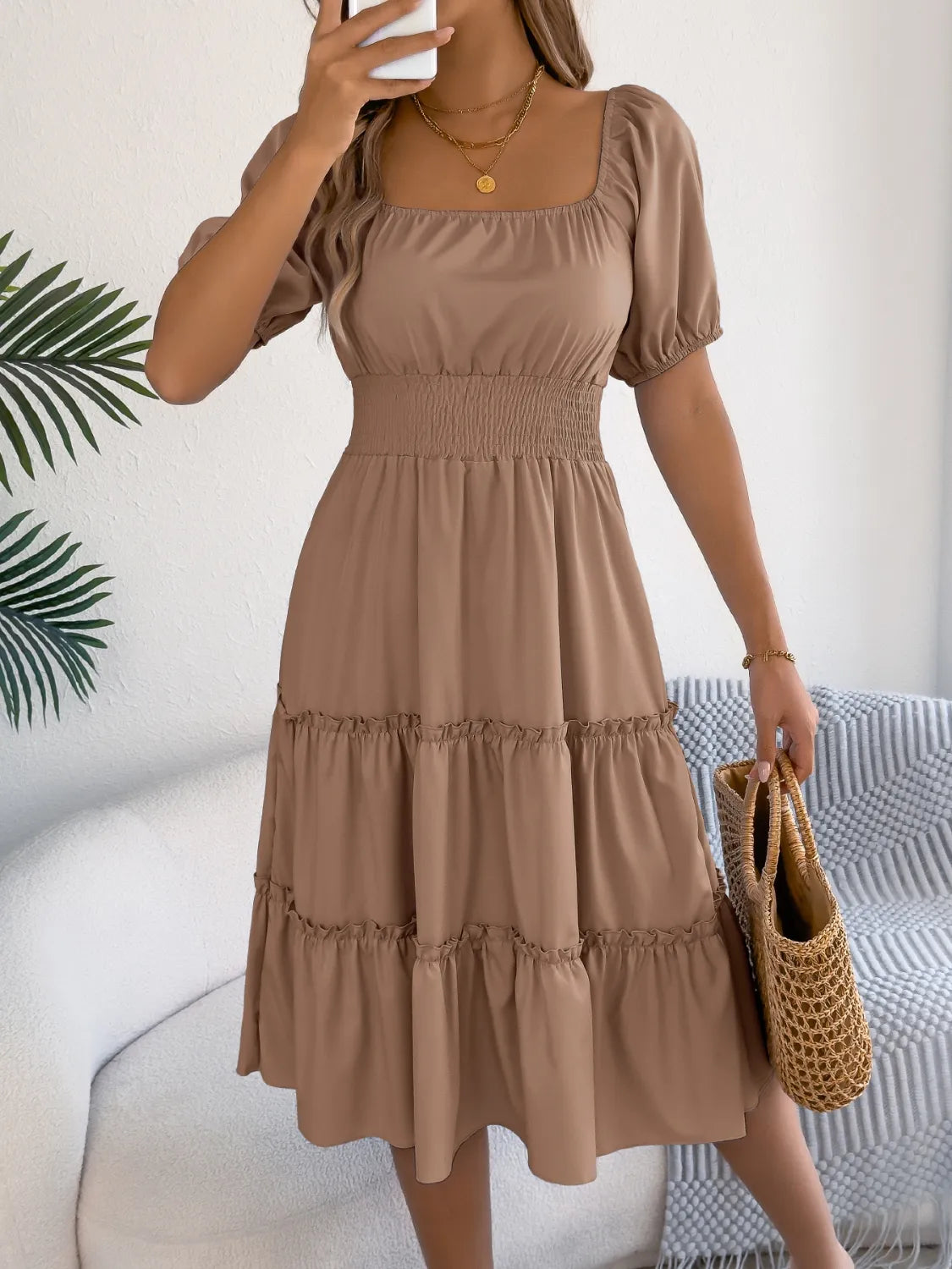 Square Neck Short Puff Sleeve Dress  Shop One Place