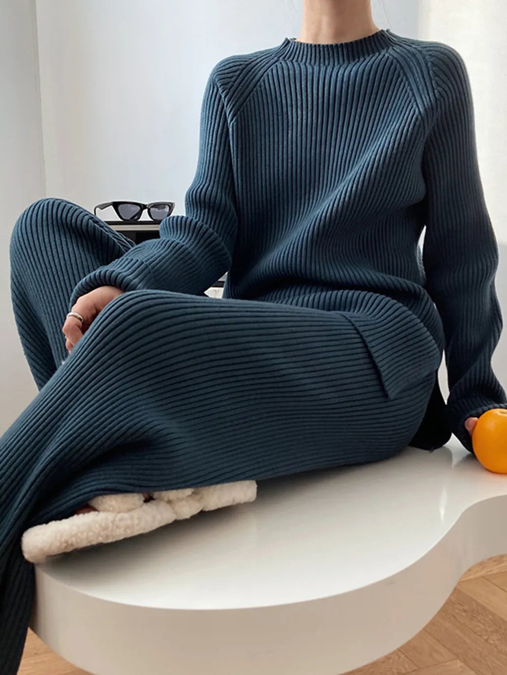 Mock Neck Raglan Sleeve Top and Pants Sweater Set  Shop One Place