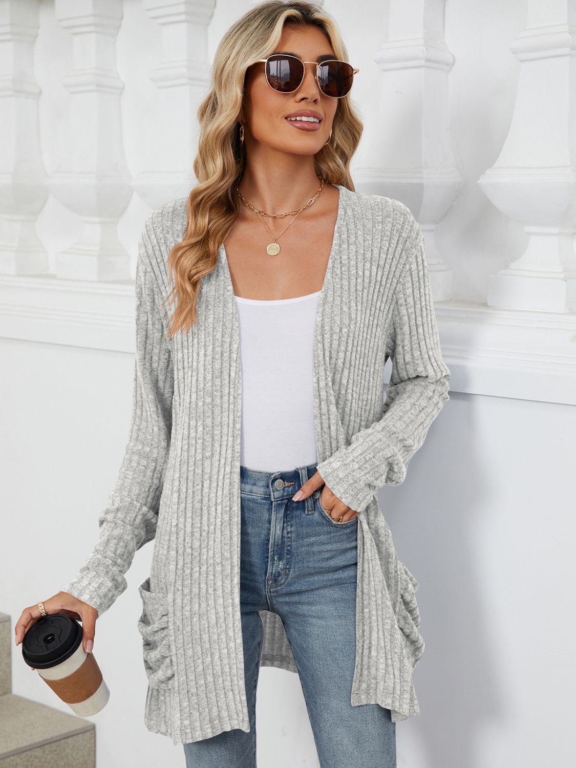 Pocketed Open Front Long Sleeve Cardigan  Shop One Place