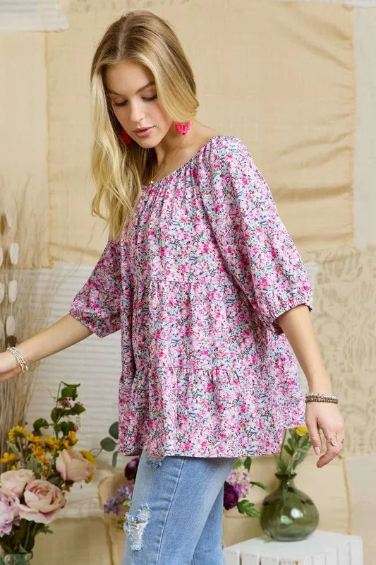 ADORA Elasticized Round Necking Floral Print Tunic Top  Shop One Place