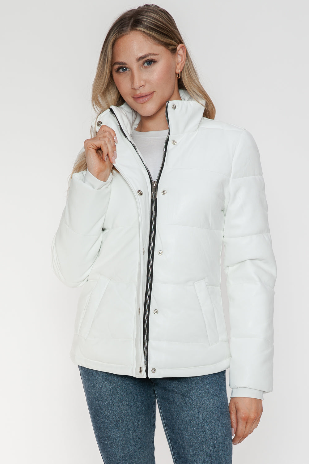 White YMI Pocketed Zip Up Turtleneck Puffer Jacket