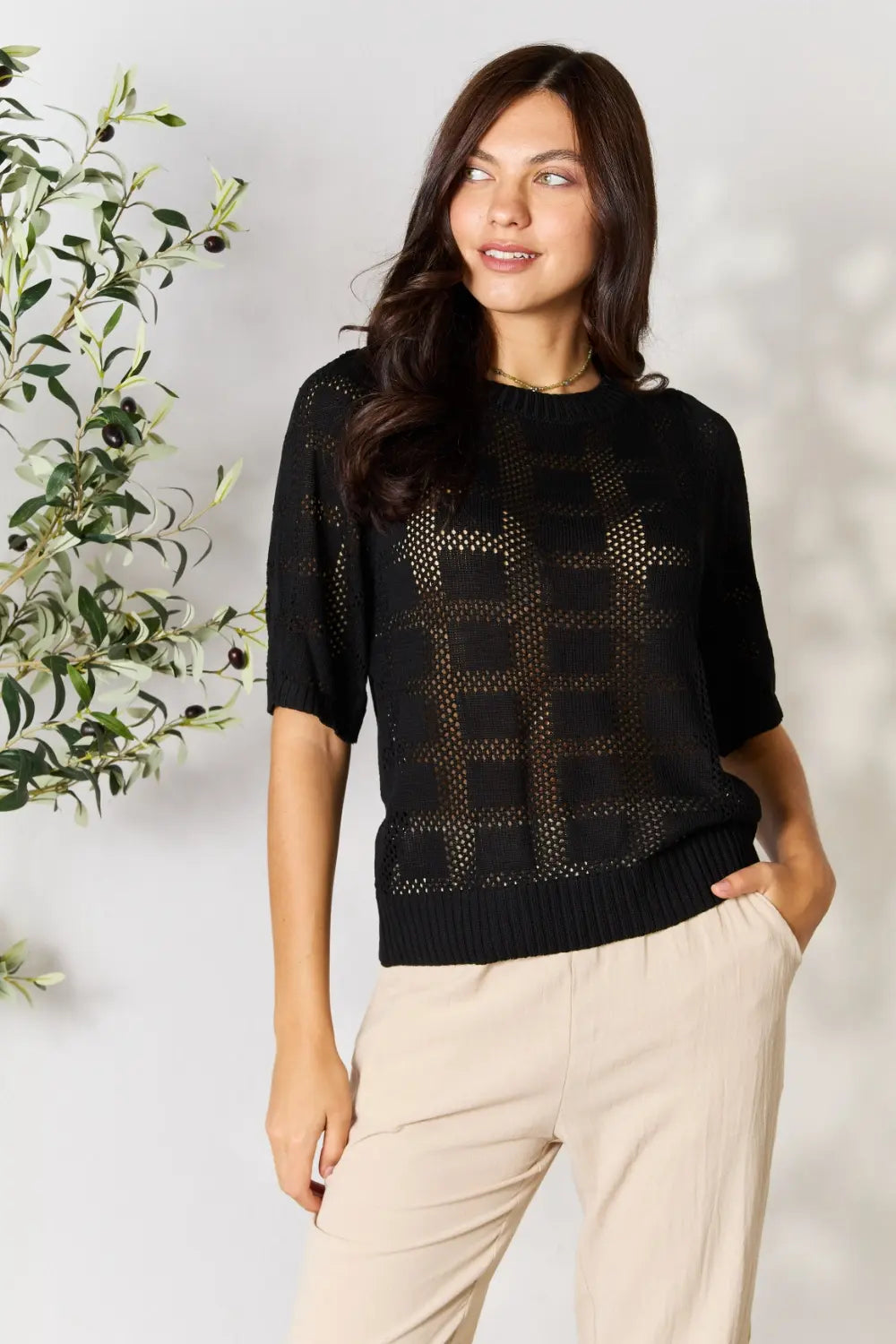 Mandy Ribbed Trim Round Neck Knit Top  Shop One Place
