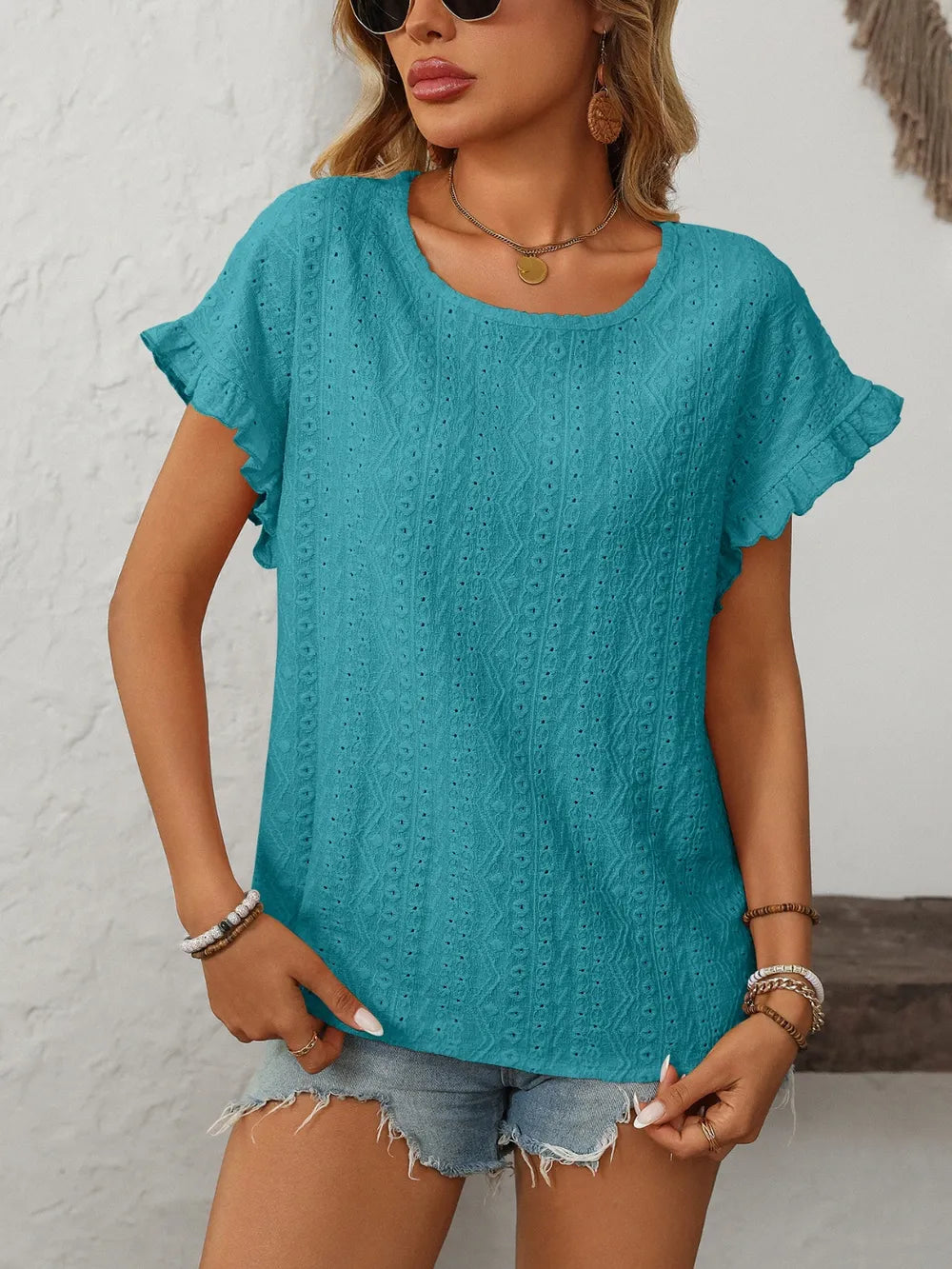 Mandy Eyelet Round Neck Short Sleeve Top  Shop One Place