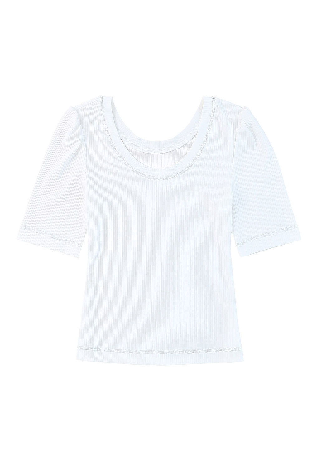 White Ribbed Knit Scoop Neck Half Sleeve Basic T Shirt