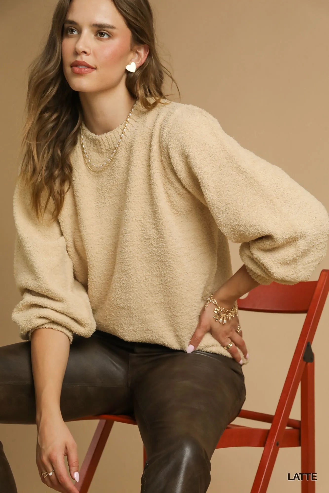 Umgee Textured Long Sleeve Sweater with Ribbed Trim  Shop One Place