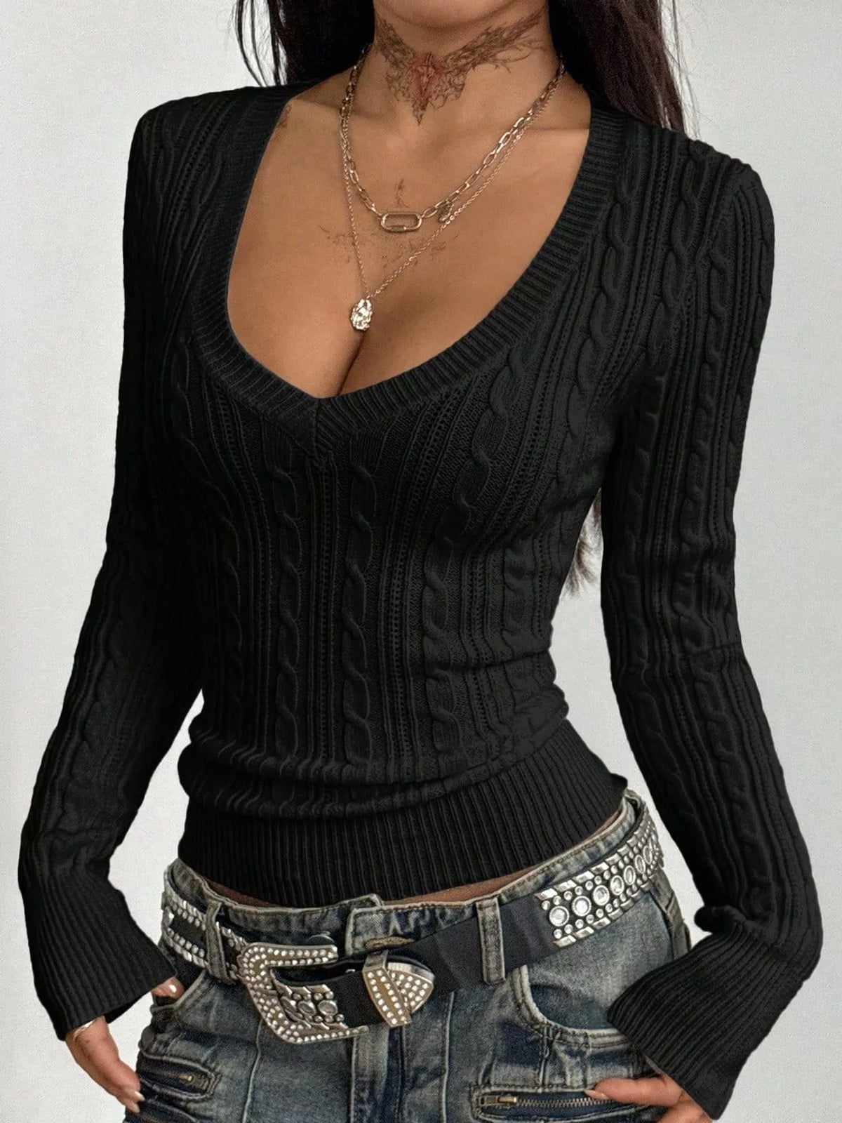 Women's Deep V-Neck Cable Knit Sweater – view 12