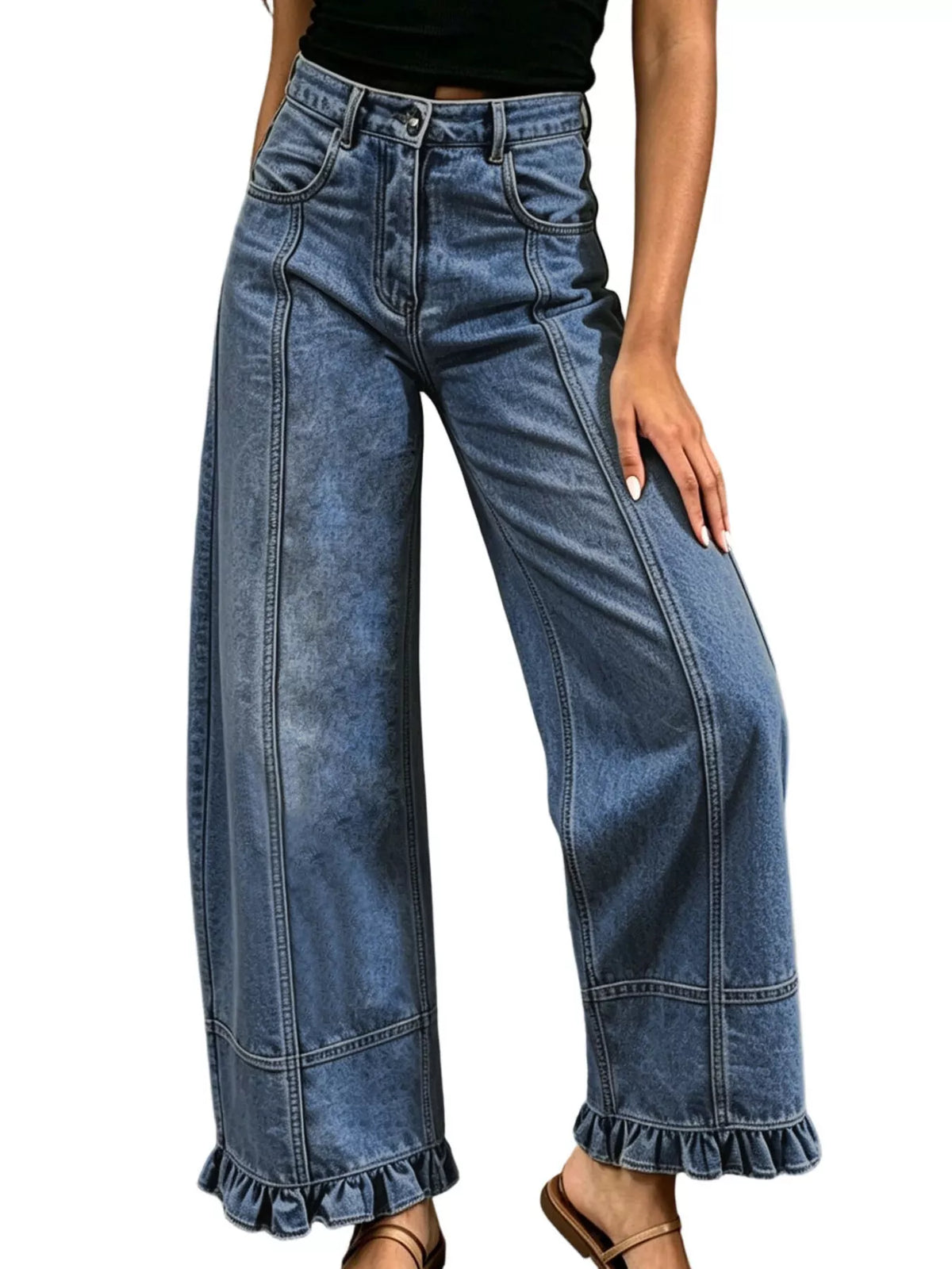 Full Size High-Waisted Wide-Leg Ruffled Hem Jeans Plus Size  Shop One Place