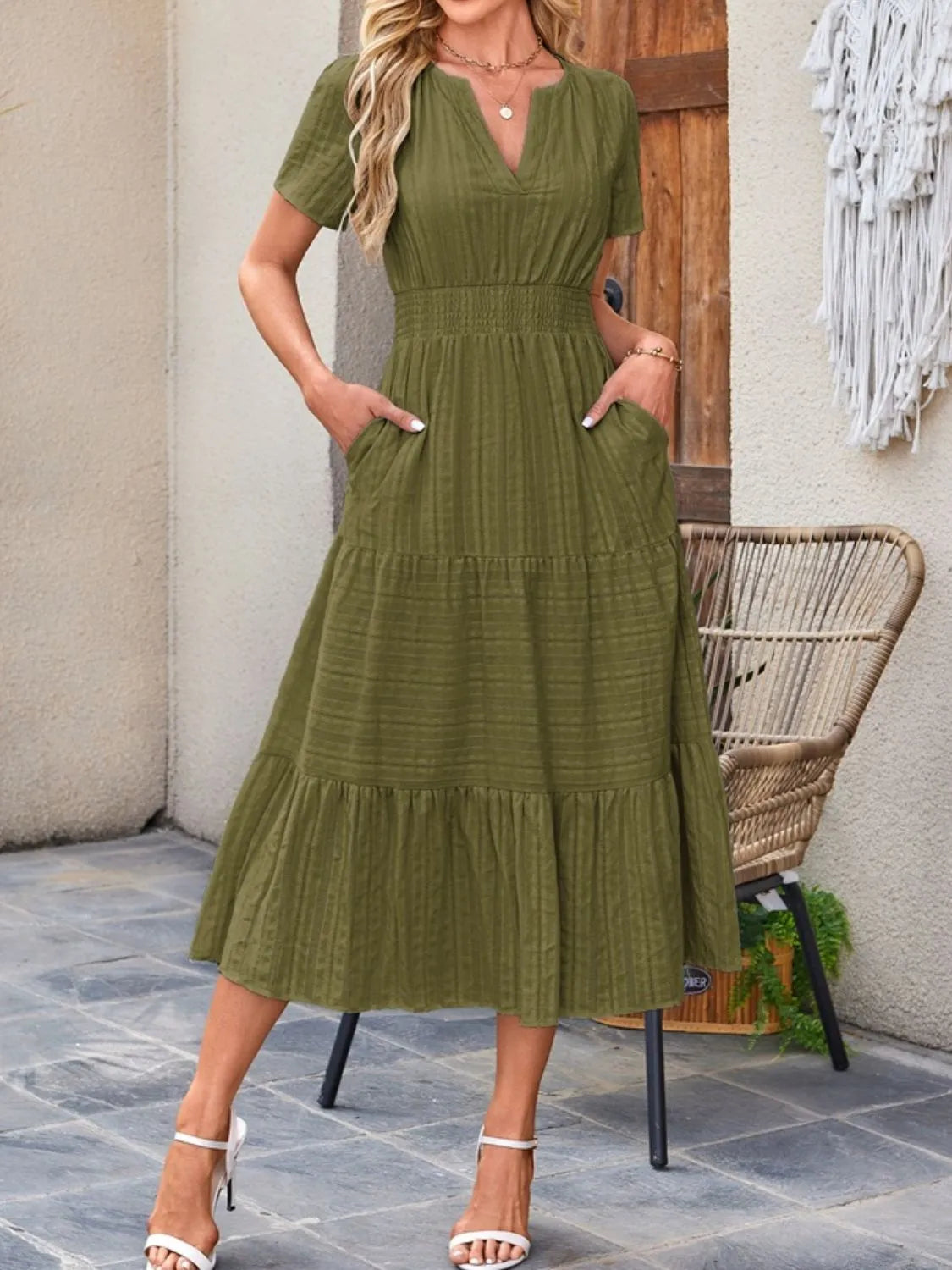 Tiered Notched Short Sleeve Dress  Shop One Place
