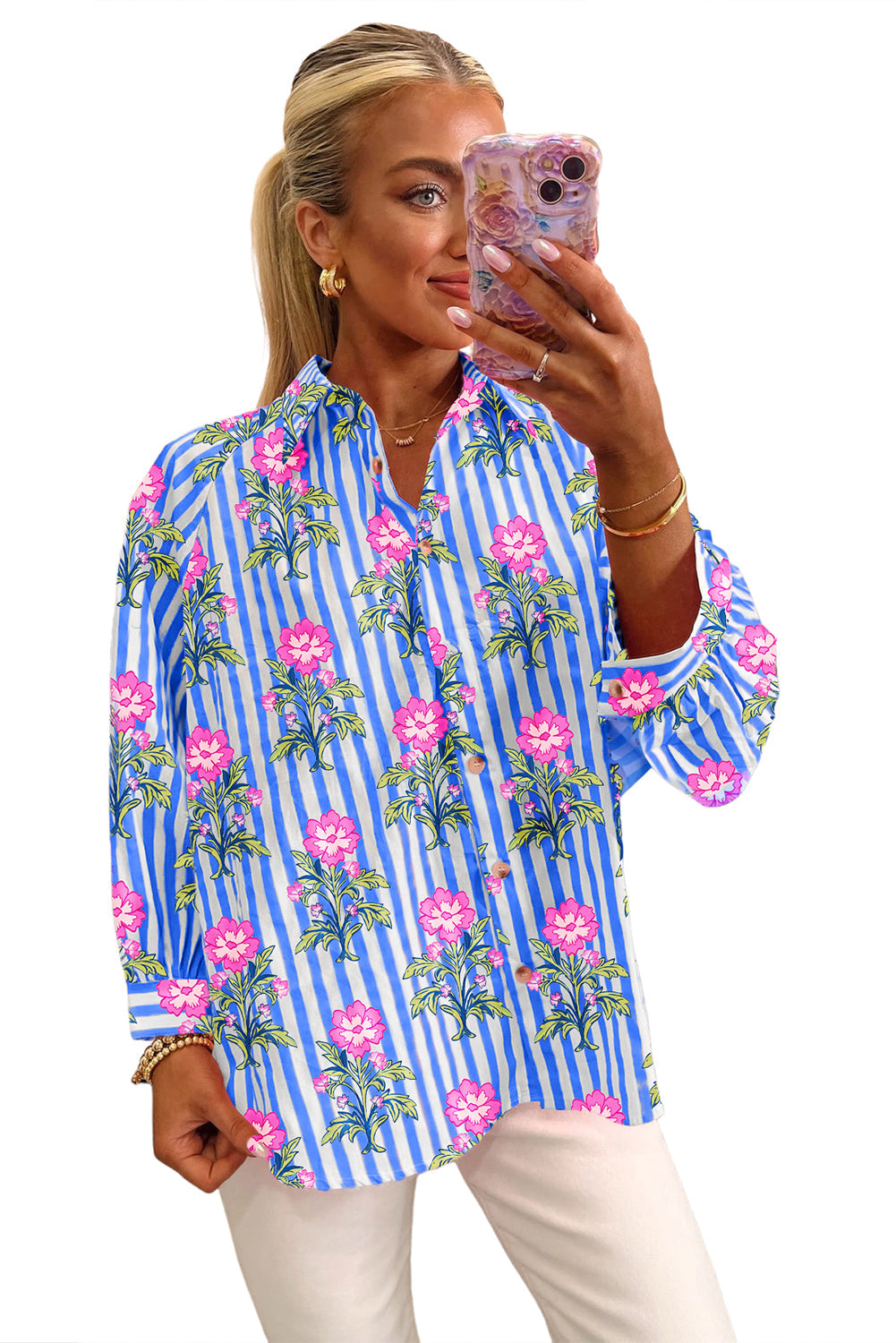 Blue Striped Floral Print Loose Fit Shirt  Shop One Place