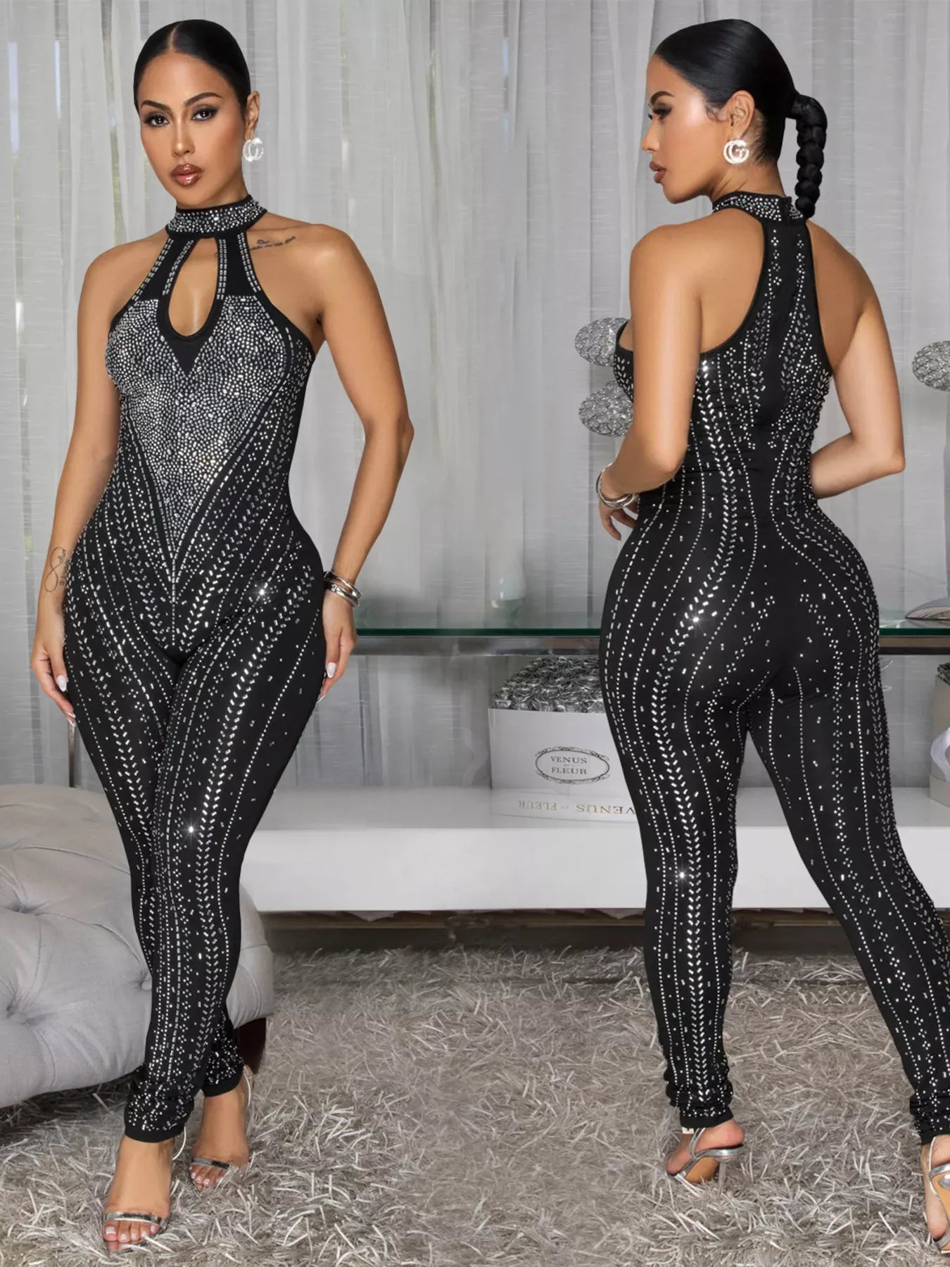 Sparkling Rhinestone Cutout Jumpsuit  Shop One Place