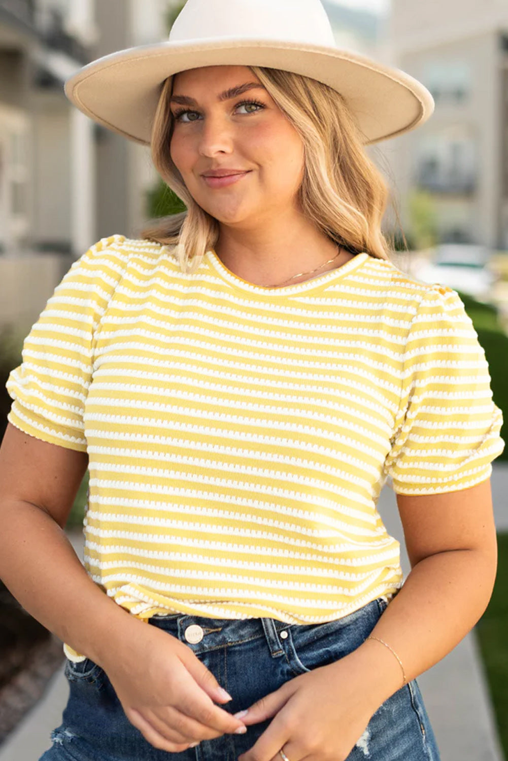 Yellow Stripe Short Puff Sleeve Plus Size Top