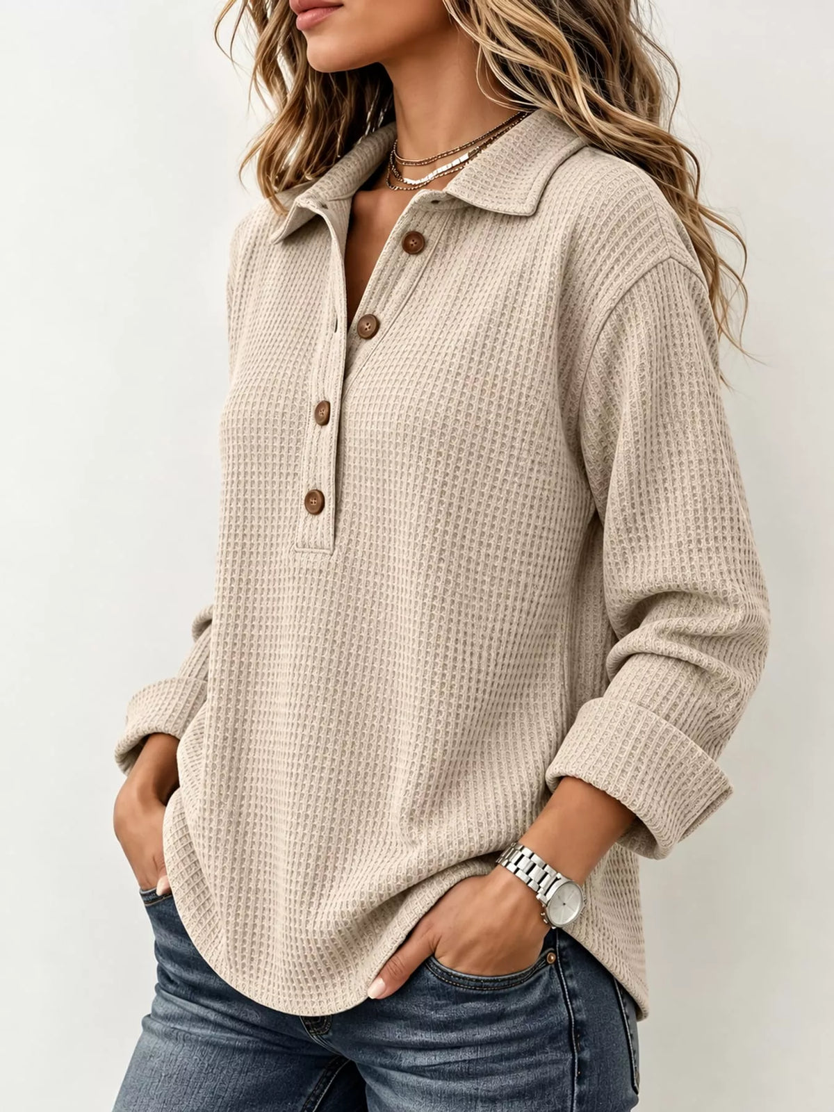 Women's Waffle Knit Long Sleeve Polo Top – view 11