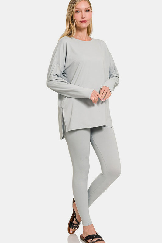 Zenana Full Size Brushed Microfiber Top and Leggings Lounge Set Lt Grey