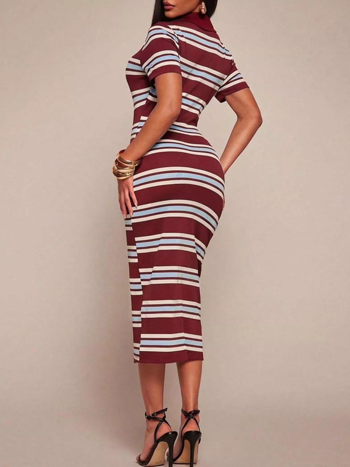 Striped Polo Collar Midi Dress  Shop One Place