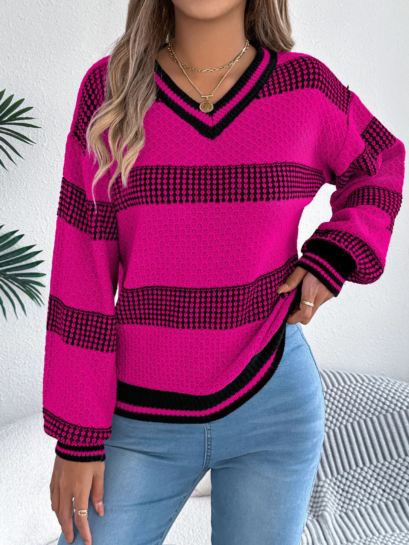 Contrast Striped V-Neck Sweater  Shop One Place