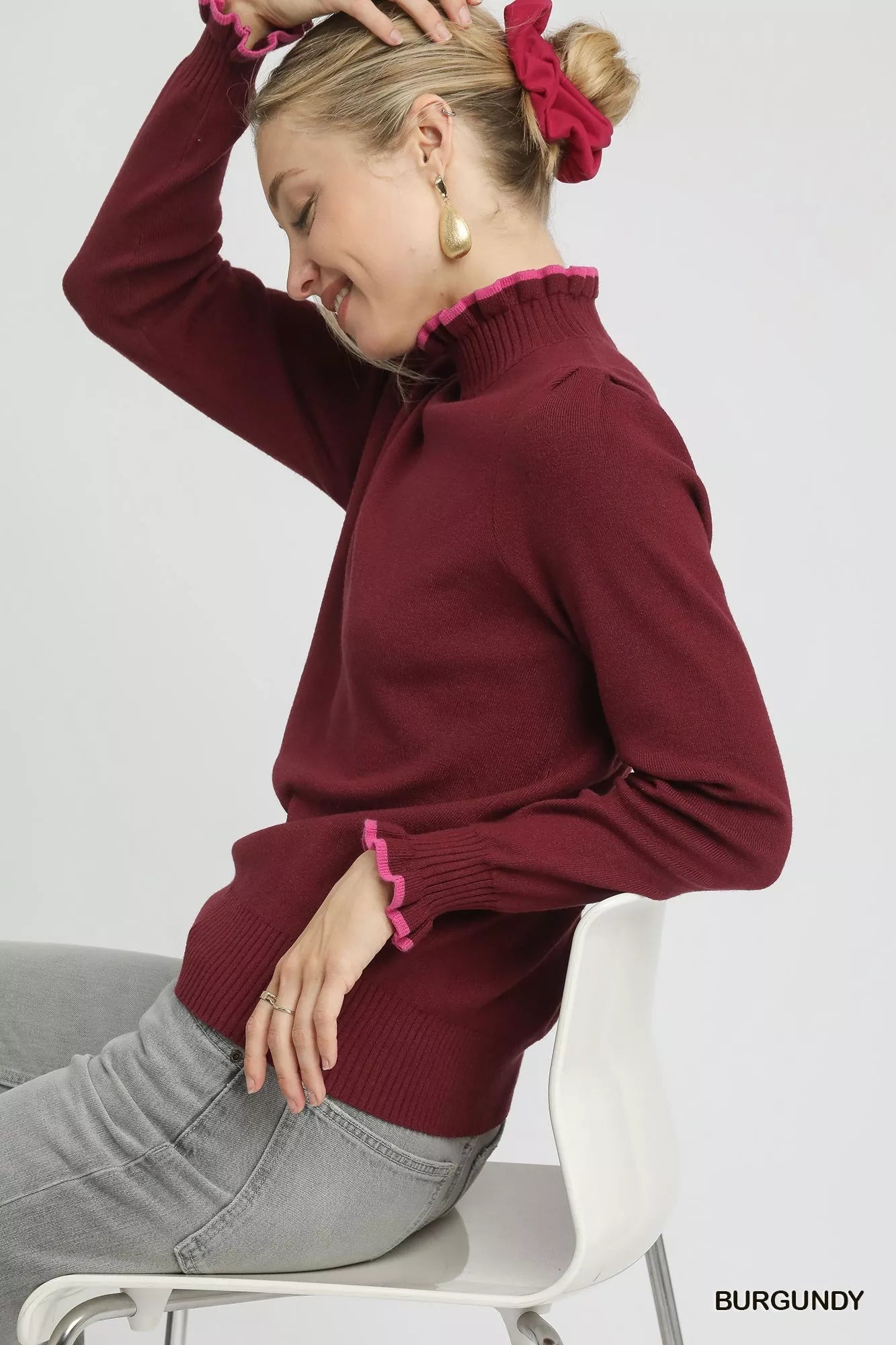 Umgee Ribbed Round Neck Sweater with Ruffle Contrast Trim  Shop One Place