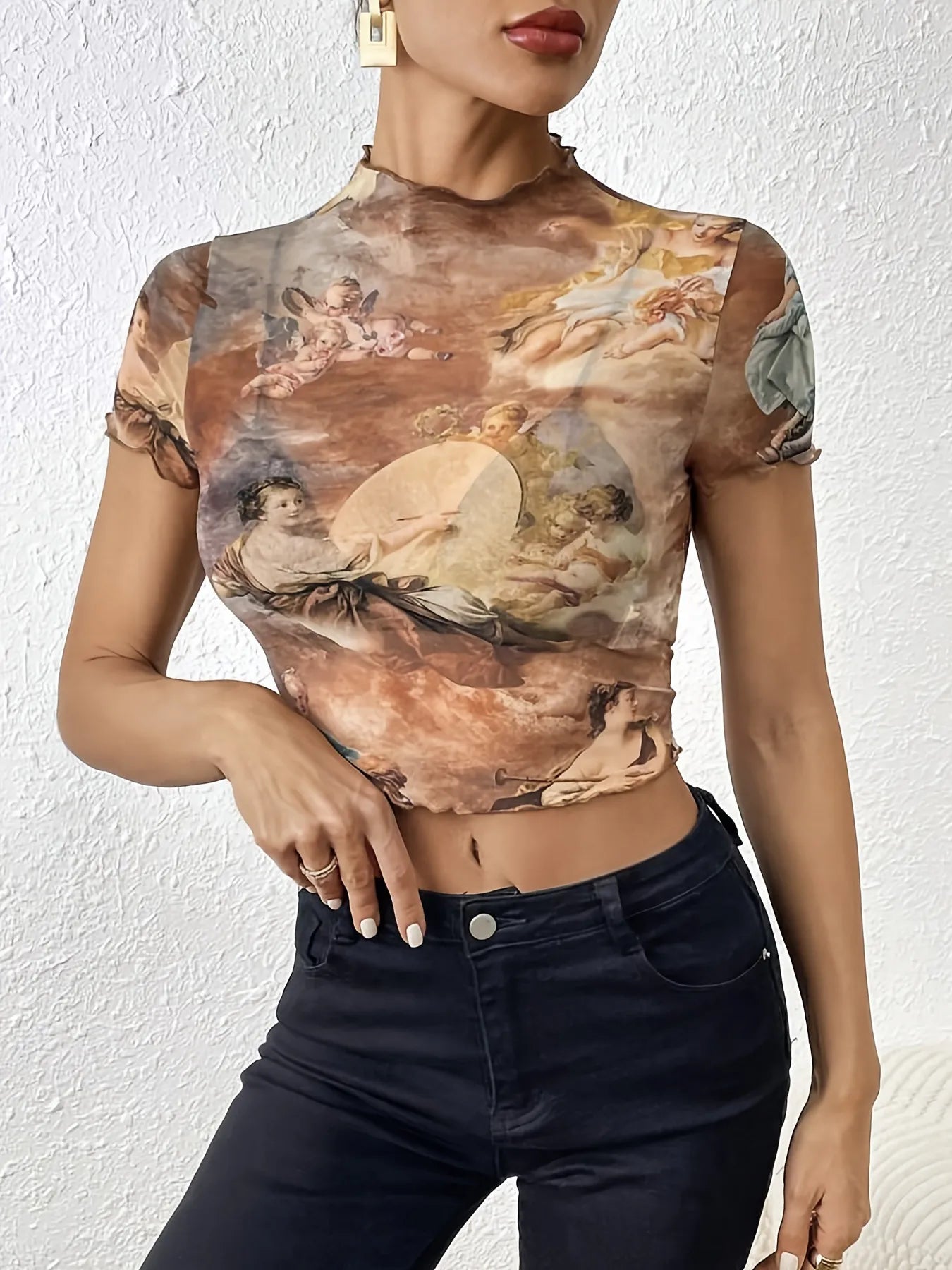 Abstract Print Ruffled Mock Neck Crop T-Shirt  Shop One Place