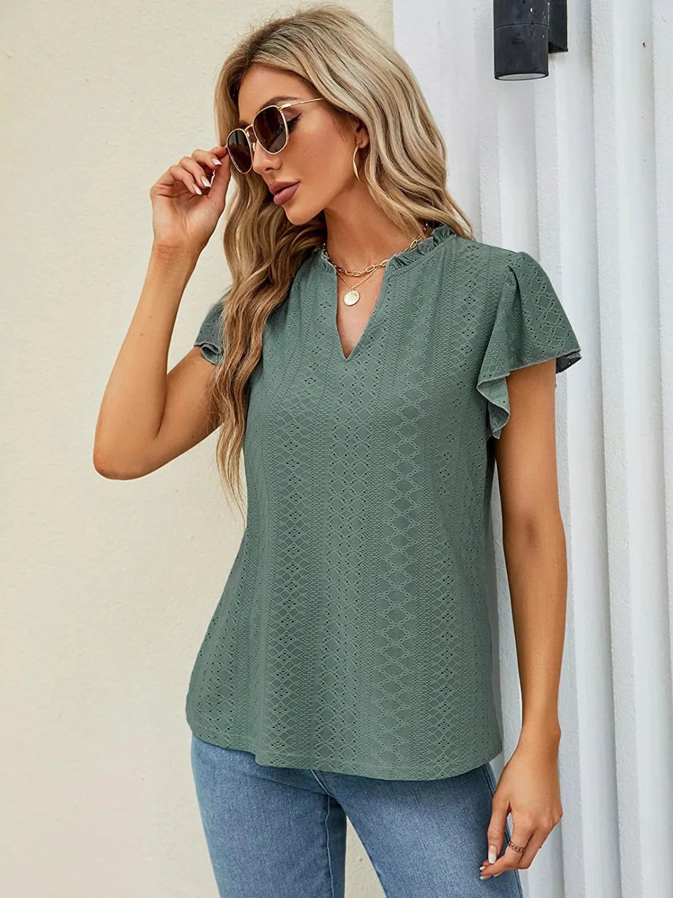 Women's Eyelet Notched Neck Short Sleeve T-Shirt – Lightweight Casual Summer Top | Shop One Place  Shop One Place